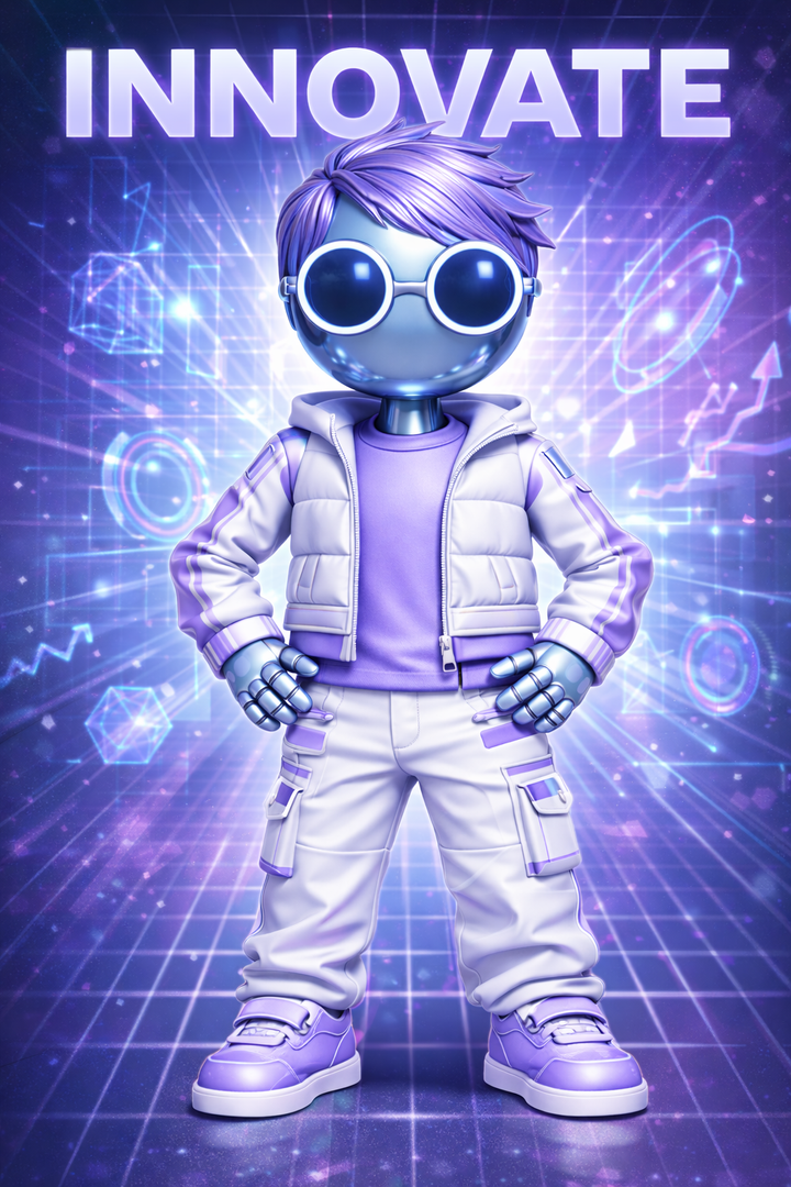 A poster image of Innovate, the male character of team Indigo.