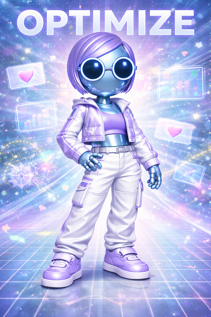 A poster image of Optimize, the female character of team Indigo.