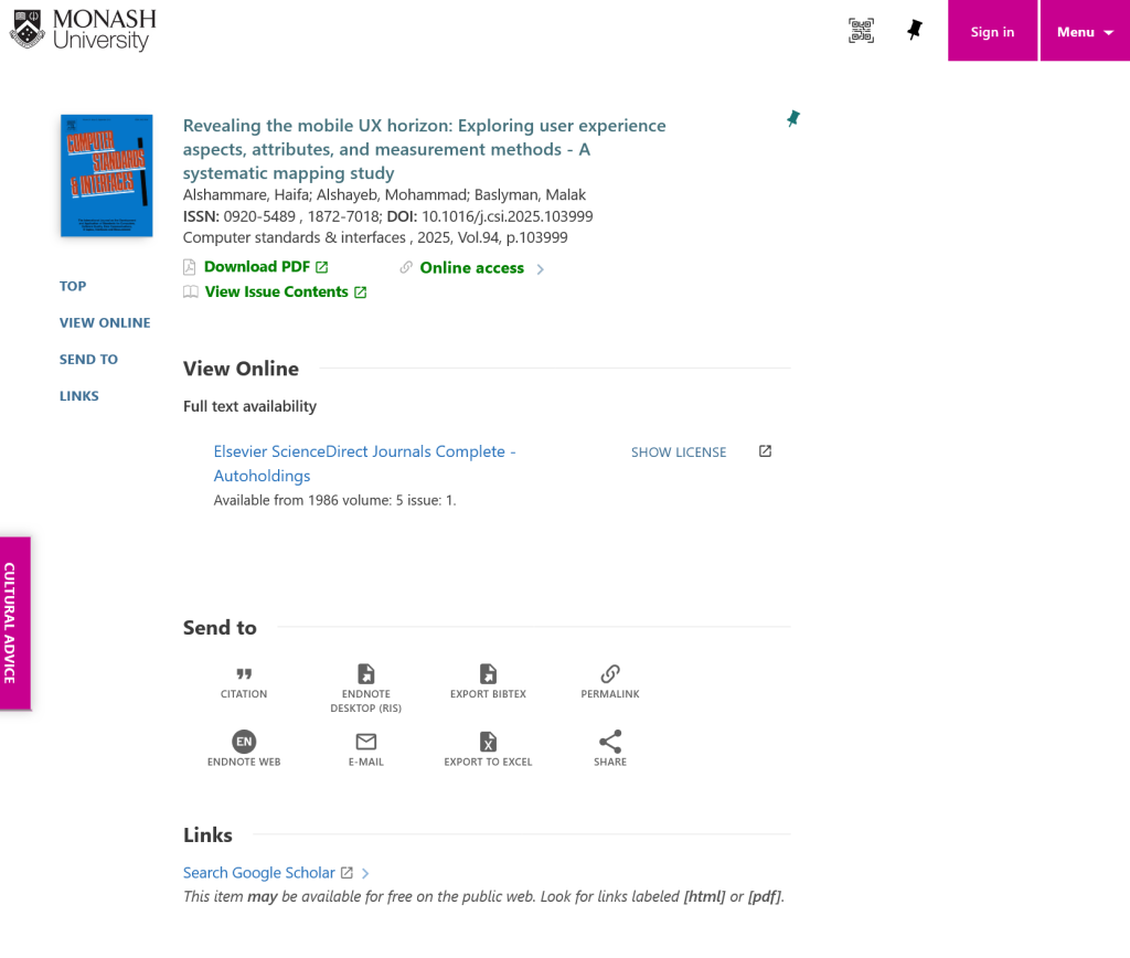 A screenshot of the article, "Revealing the mobile UX horizon: Exploring user experience aspects, attributes, and measurement methods - A systematic mapping study" on the Full Text Search page provided on behalf of Monash University.