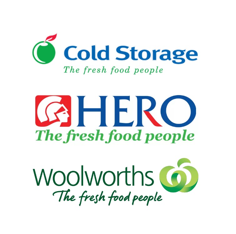 A list of former and current logo trademarks for Cold Storage (Singapore), HERO Supermarket (Indonesia), and Woolworths (Australia) that all bears the same slogan or motto: 