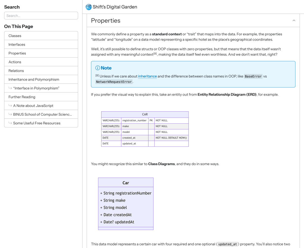 A screenshot of a desktop website version of Shift's Digital Garden (shift.reinhart1010.id), loading a page which contains technical diagrams rendered with Mermaid.