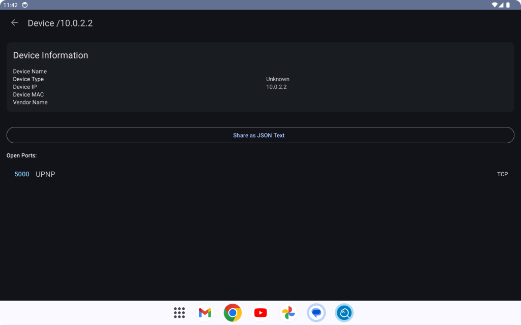 A screenshot of Altia opening the network device details of 10.0.2.2. Unlike Ning, Altia is now able to export the device information as a JSON text.