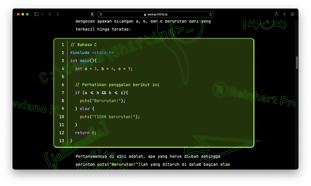 A screenshot of the reinhart1010.id website in 2021, featuring the glass-card effect on code blocks.