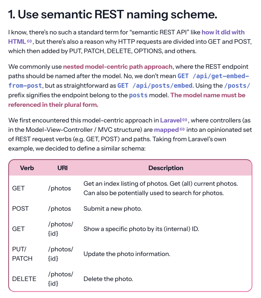 A screenshot of a blog posts on reinhart1010.id in light mode, featuring colored bold texts, links, and inline code. These texts are accompanied with a table, which is now styled primarily in magenta color, based on the renowned glass-card effect primarily featured on reinhart1010.id. The blog content is originally available on https://reinhart1010.id/blog/2024/05/01/our-unwritten-rest-api-conventions .
