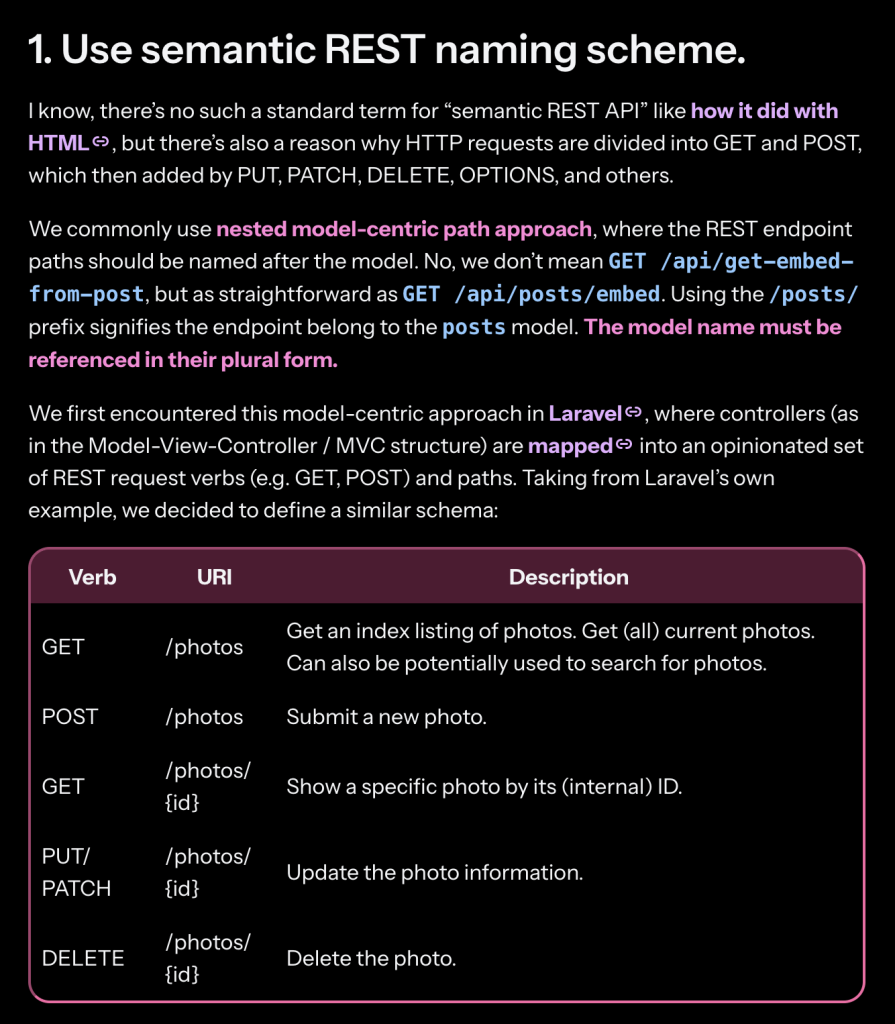 A screenshot of a blog posts on reinhart1010.id in dark mode, featuring colored bold texts, links, and inline code. These texts are accompanied with a table, which is now styled primarily in magenta color, based on the renowned glass-card effect primarily featured on reinhart1010.id. The blog content is originally available on https://reinhart1010.id/blog/2024/05/01/our-unwritten-rest-api-conventions .