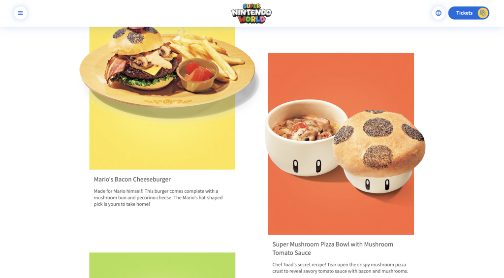 A screenshot of Super Nintendo World of Universal Studios Japan as of January 1, 2024, showing the exquisite food menus that is being offered in the Kinopio Cafe (Toad's Cafe). One of them include a mushroom-shaped pizza bowl.