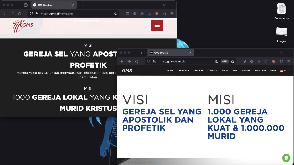 Tampilan kedua situs GMS yang sama-sama menampilkan visi dan misi yang sama: Visi "Gereja Sel yang Apostolik dan Profetik", dan Misi "Seribu Gereja Lokal yang Kuat dan Satu Juta Murid Kristus".