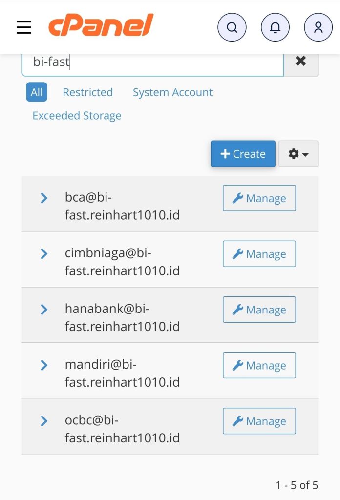 Tampilan pengaturan alamat/surel dalam situs CPanel.