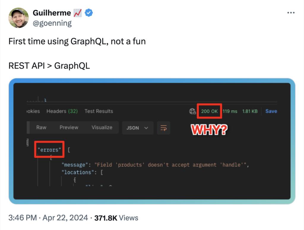 A Twitter blog post showing a GraphQL endpoint returning an error with a HTTP 200 "OK" response code. According to the HTTP specifications, each HTTP error must be accompanied by a designated error code, such as 400 if the HTTP request is not complete or does not contain necessary information.
