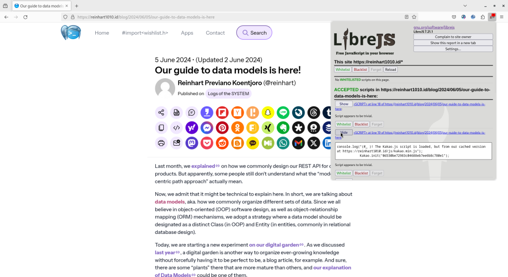 A screenshot of a blog article on reinhart1010.id with the GNU LibreJS extension enabled.