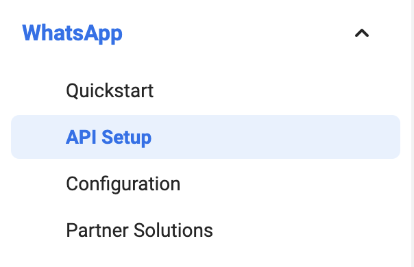 A snapshot of the Meta for Developers App Dashboard featuring a menu list for WhatsApp Business-related application development.