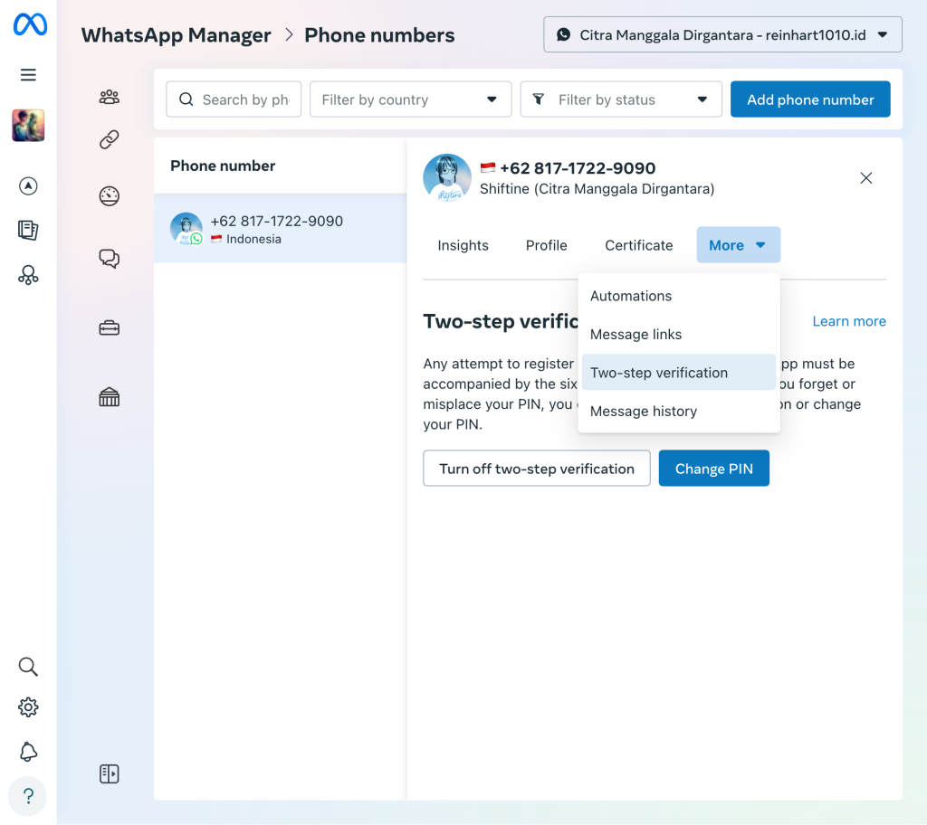 A snapshot of WhatsApp Manager showing the Two-Step Verification options for a registered phone number.