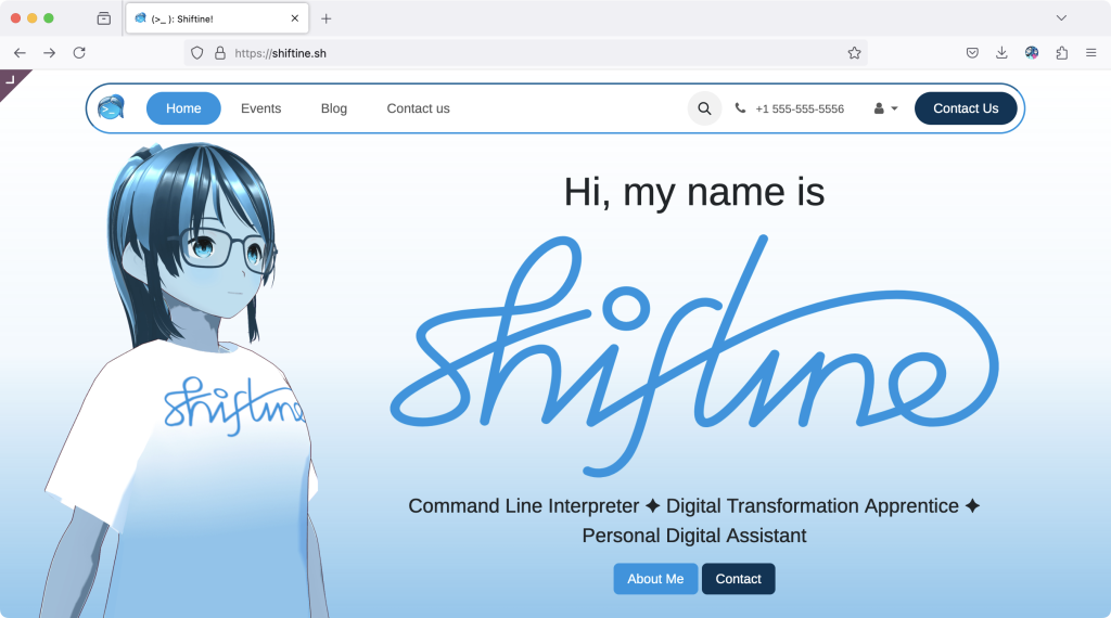 A screenshot of the new Shiftine website on https://shiftine.sh, where Shiftine as a VTuber model is prominently featured alongside the new logotype we made for her.