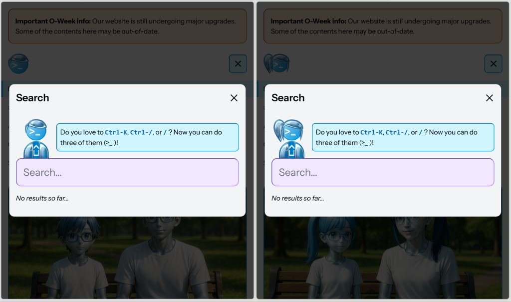 A preview of two variants of the reinhart1010.id website served from different servers. The search modal is also based on the server-specific site icons.